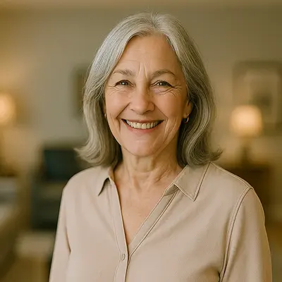 Testimonial Frau, Anfang 60 Jahre alt, beige Bluse, schulterlange Haare, freundlicher Blick